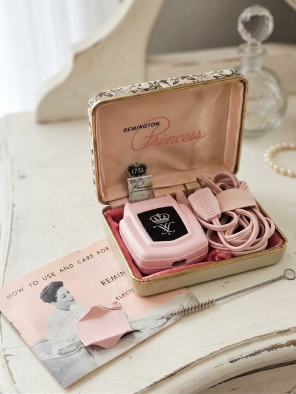 Vintage 1950s Pink Remington Princess Electric Shaver + Tapestry Case